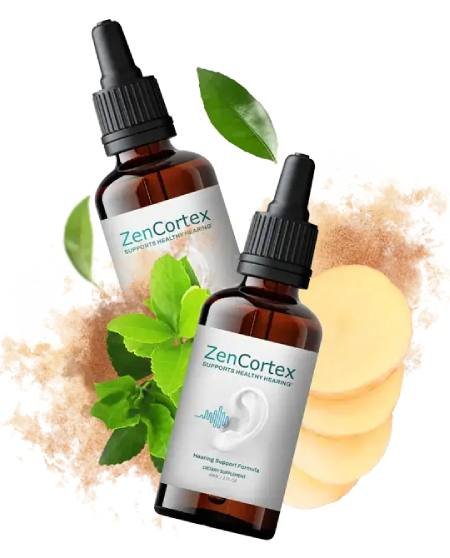 Infographic showing the benefits of ZenCortex drops for improved hearing, tinnitus relief, enhanced focus, and mental clarity